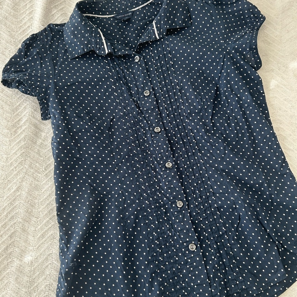 Tommy Hilfiger Navy Polka Dot Button Down Blouse